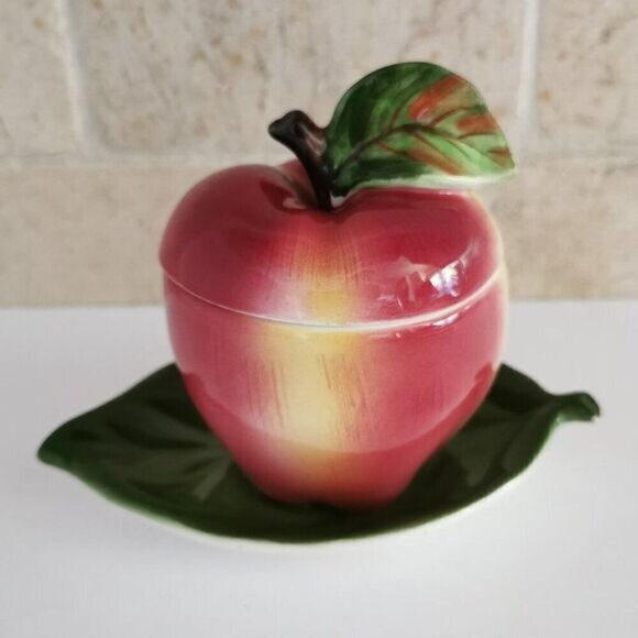 Vintage ESD Japan Apple Shaped Jam Jar Lidded Honey Pot Ceramic Lefton Leaf - Picture 1 of 8
